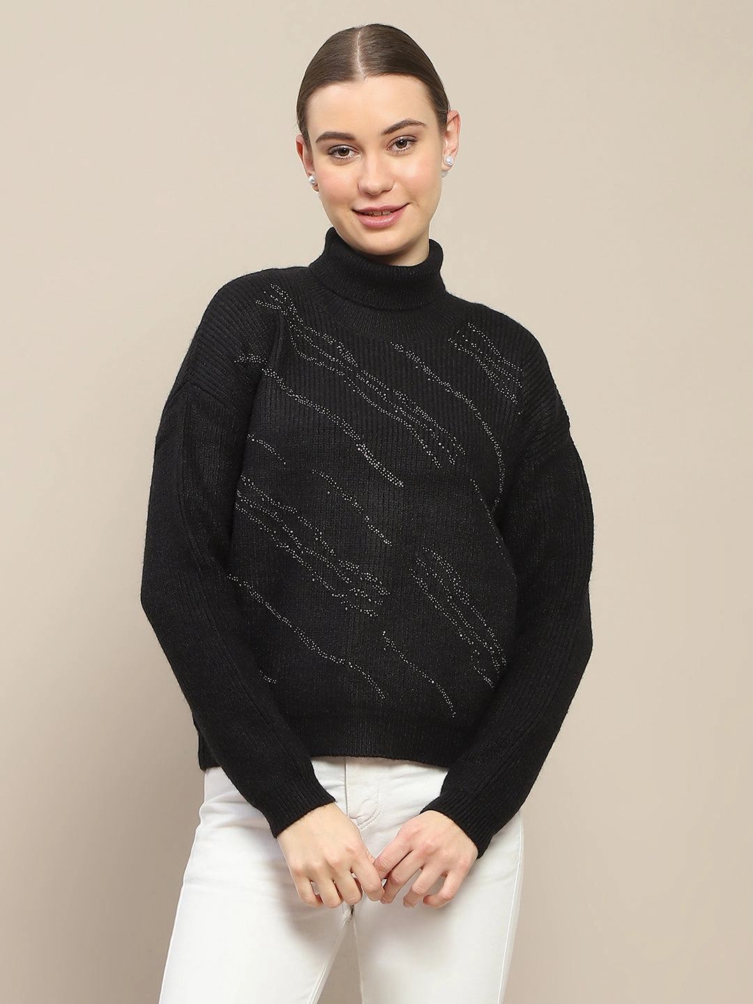 Comfy Look Layer Ready Fit Madame Self Design Black Turtleneck Sweater
