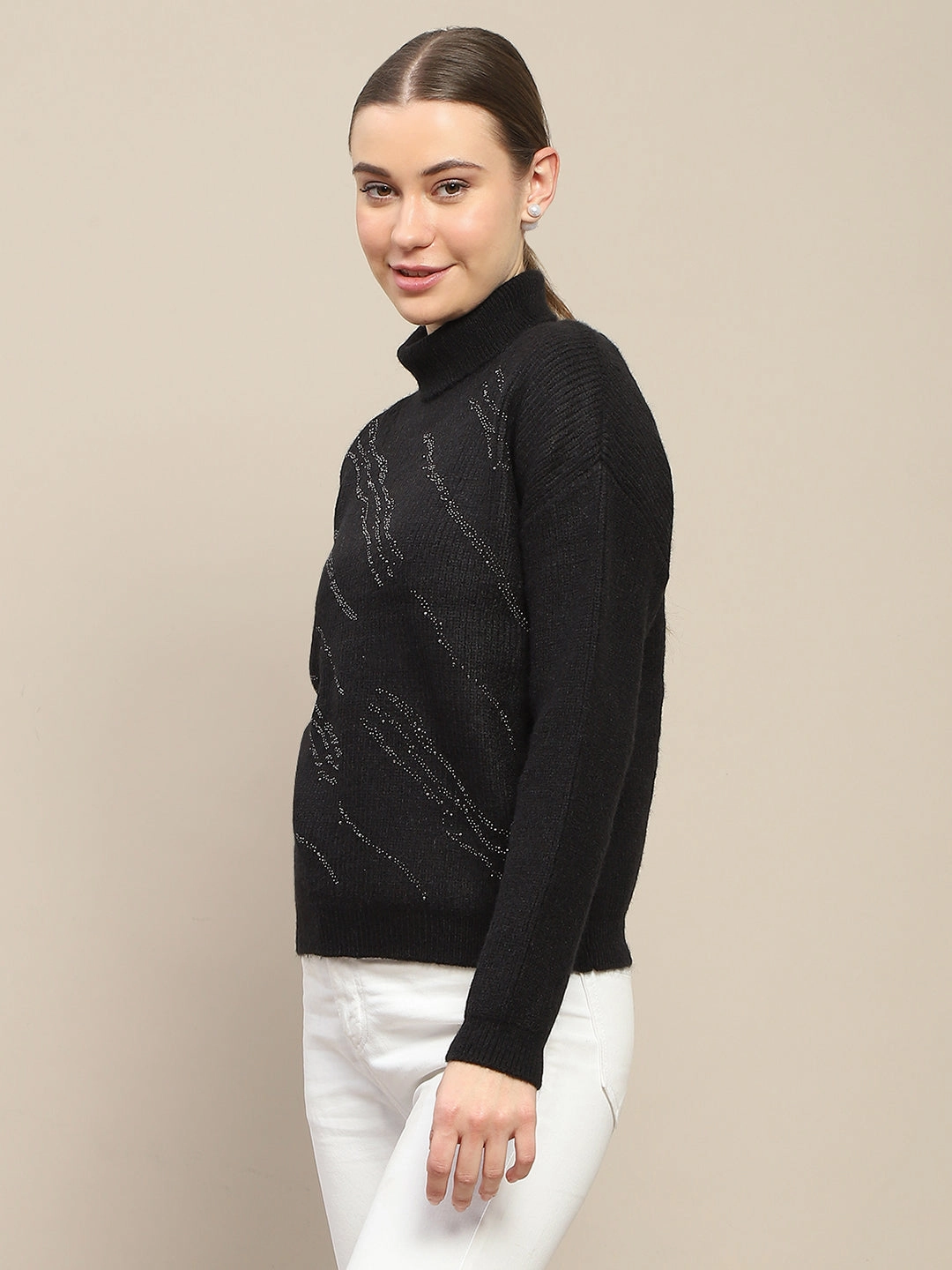 Madame Self Design Black Turtleneck Sweater Chilly Look Warm and Soft