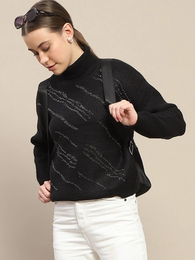 Madame Self Design Black Turtleneck Sweater Fashion Knitwear Elastic hem