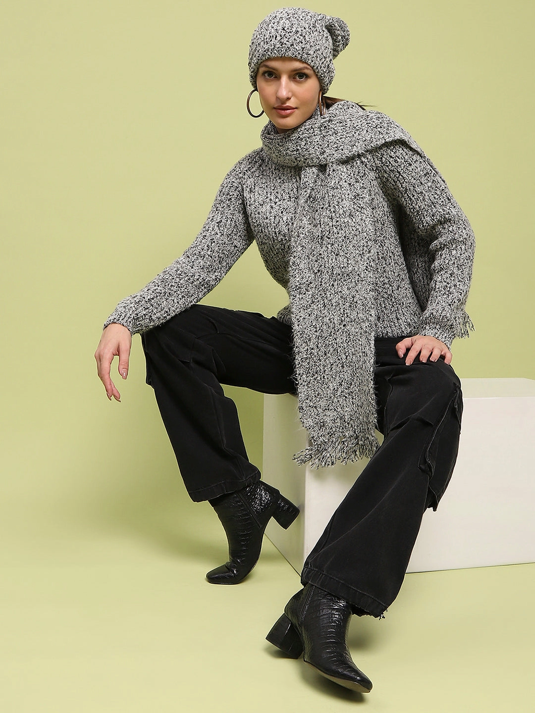 Madame Self Design Regular Fit Grey Sweater Cozy Midweight Fabric