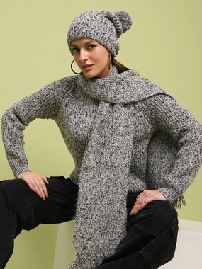 Madame Self Design Regular Fit Grey Sweater High Neckline Knitted Warmth