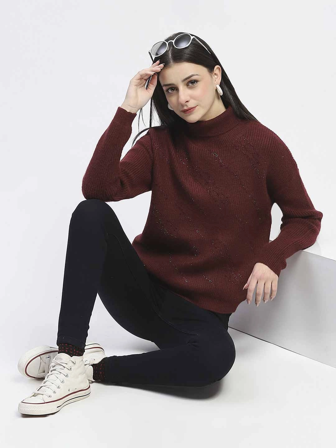 Knit Look Colorfast Dye Method Madame Self Design Wine Red Turtleneck Sweater