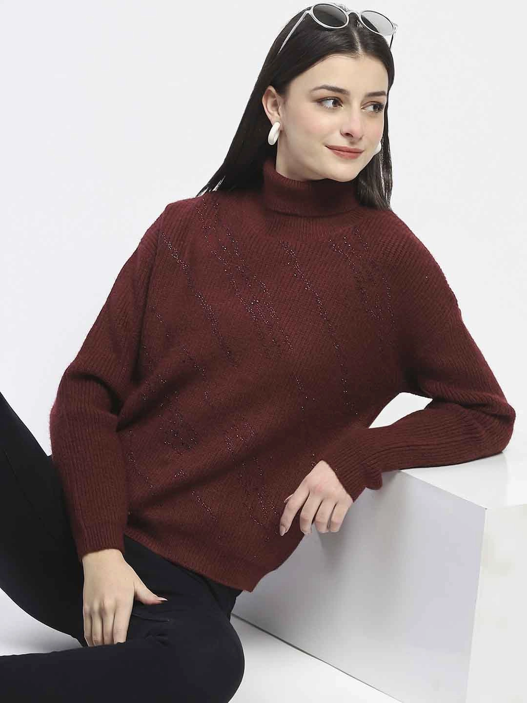 Madame Self Design Wine Red Turtleneck Sweater Perfect Warmth Comfort Fit