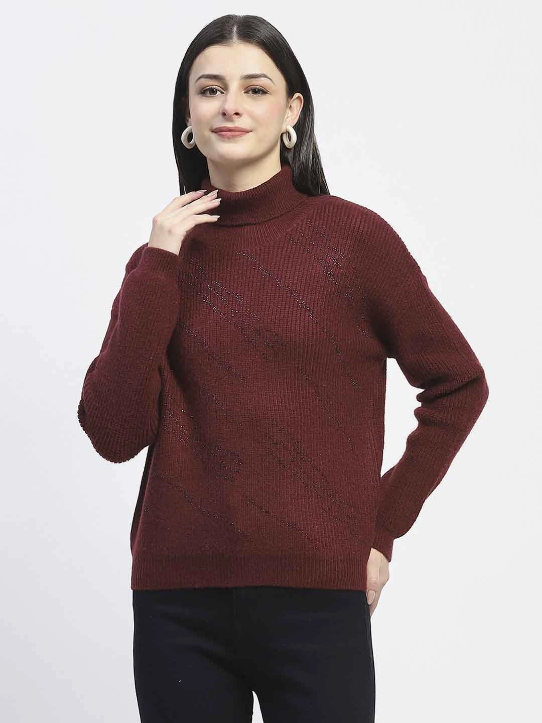 Madame Self Design Wine Red Turtleneck Sweater Casual Knit