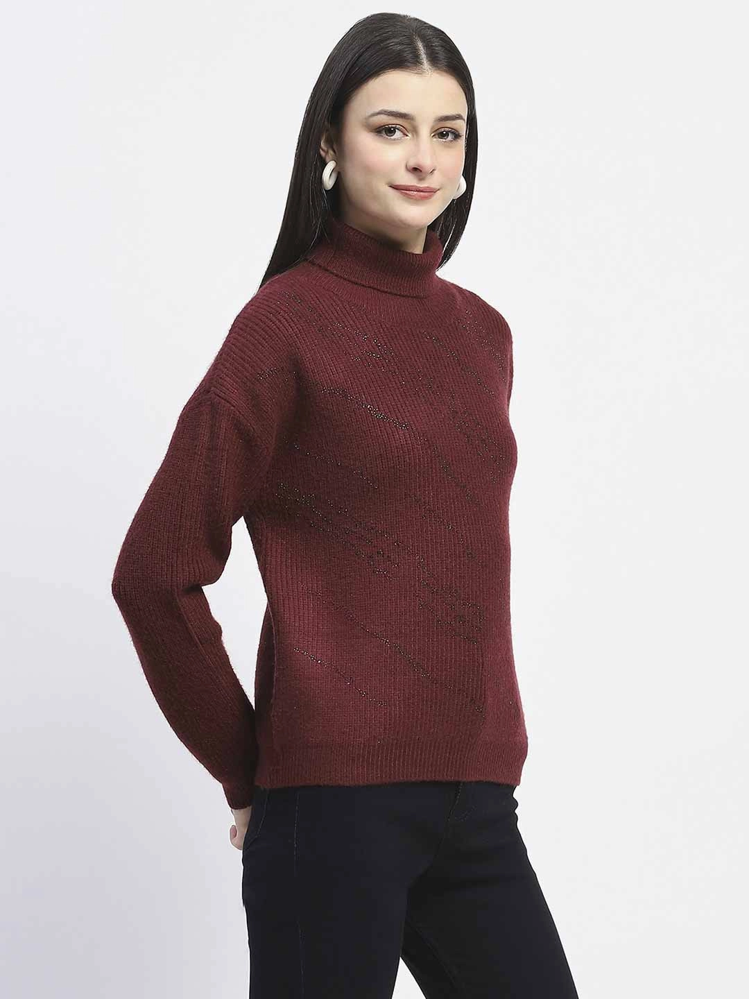 Madame Self Design Wine Red Turtleneck Sweater Warm and Cozy Cozy and Versatile