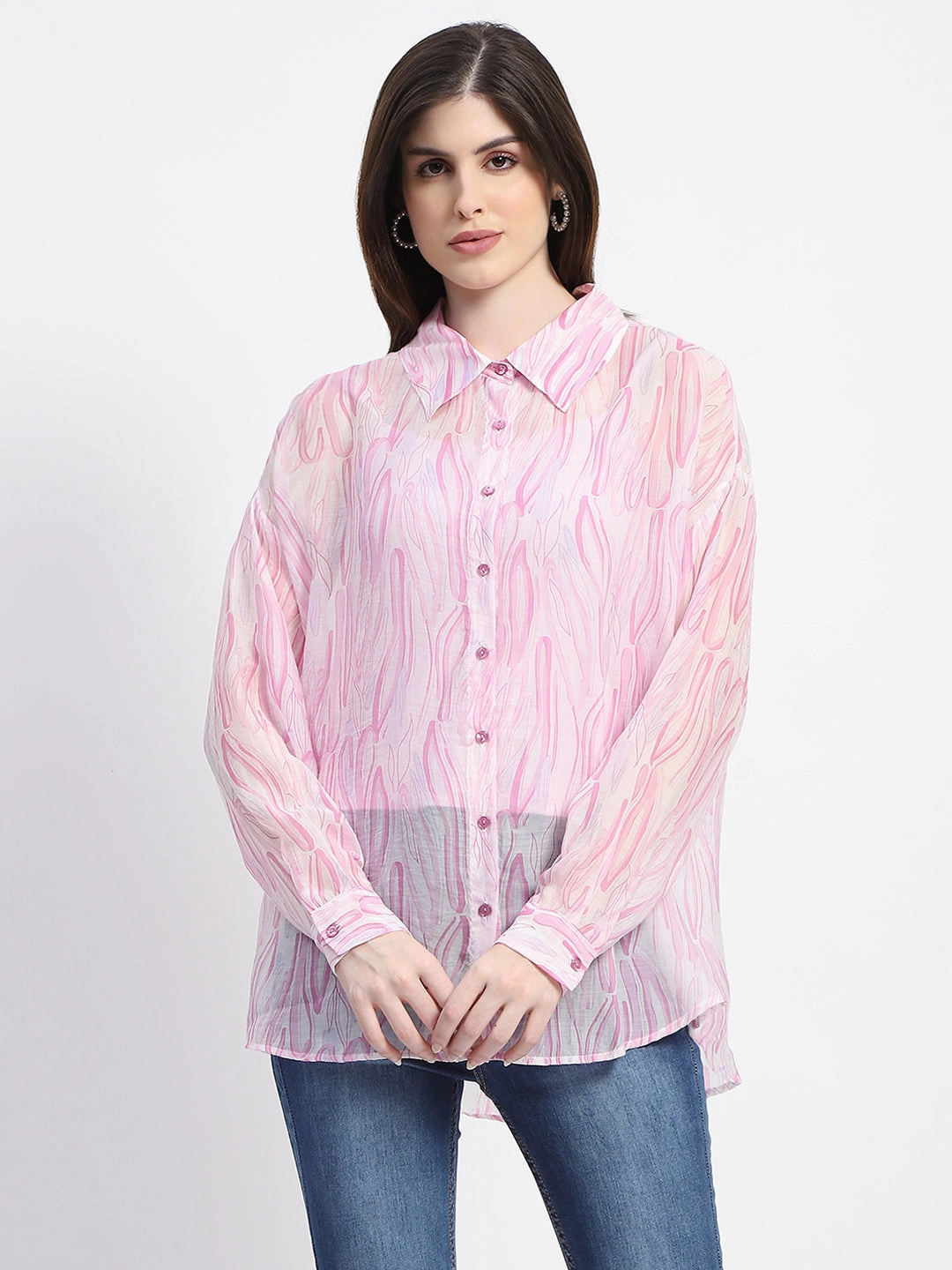Madame Semi Sheer Abstract Print Baby Pink Shirt Trendy designs