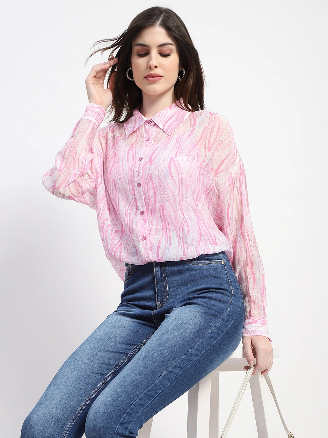 Madame Semi Sheer Abstract Print Baby Pink Shirt Unisex wear