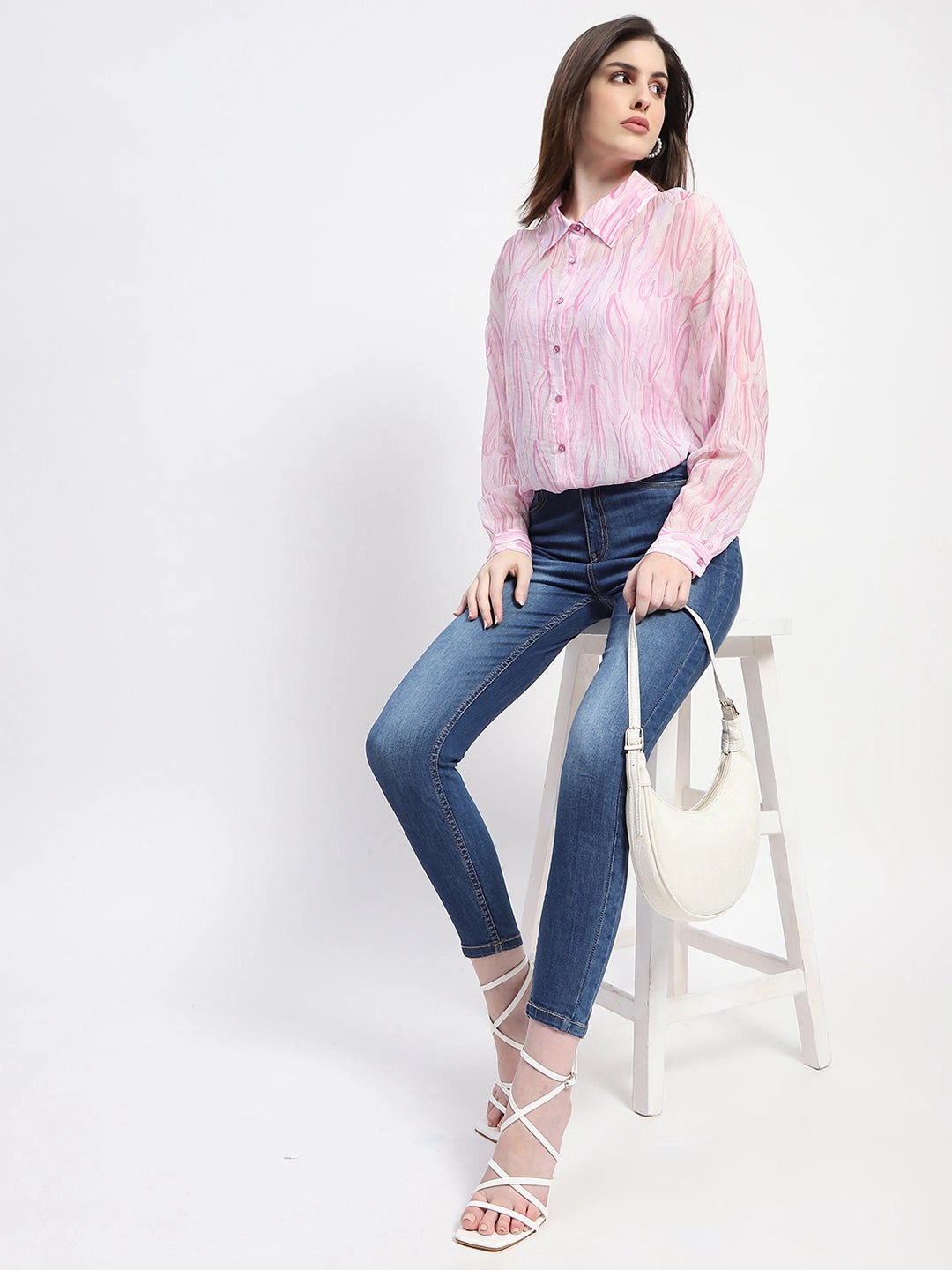 Perfect Layering Madame Semi Sheer Abstract Print Baby Pink Shirt