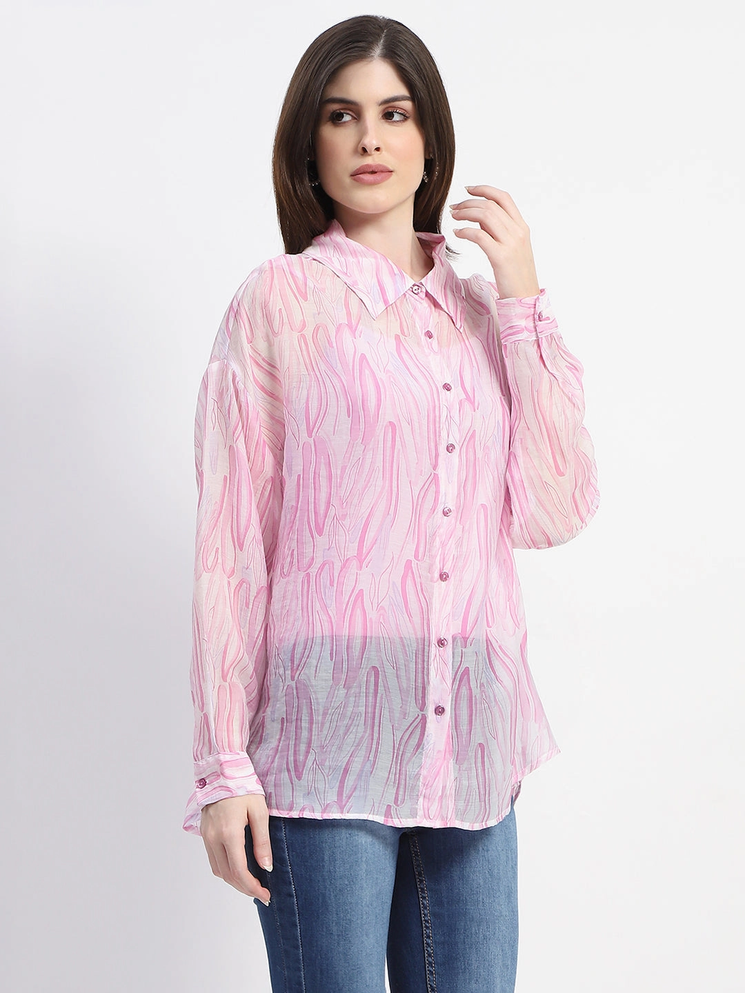 Madame Semi Sheer Abstract Print Baby Pink Shirt Premium Pima Cotton