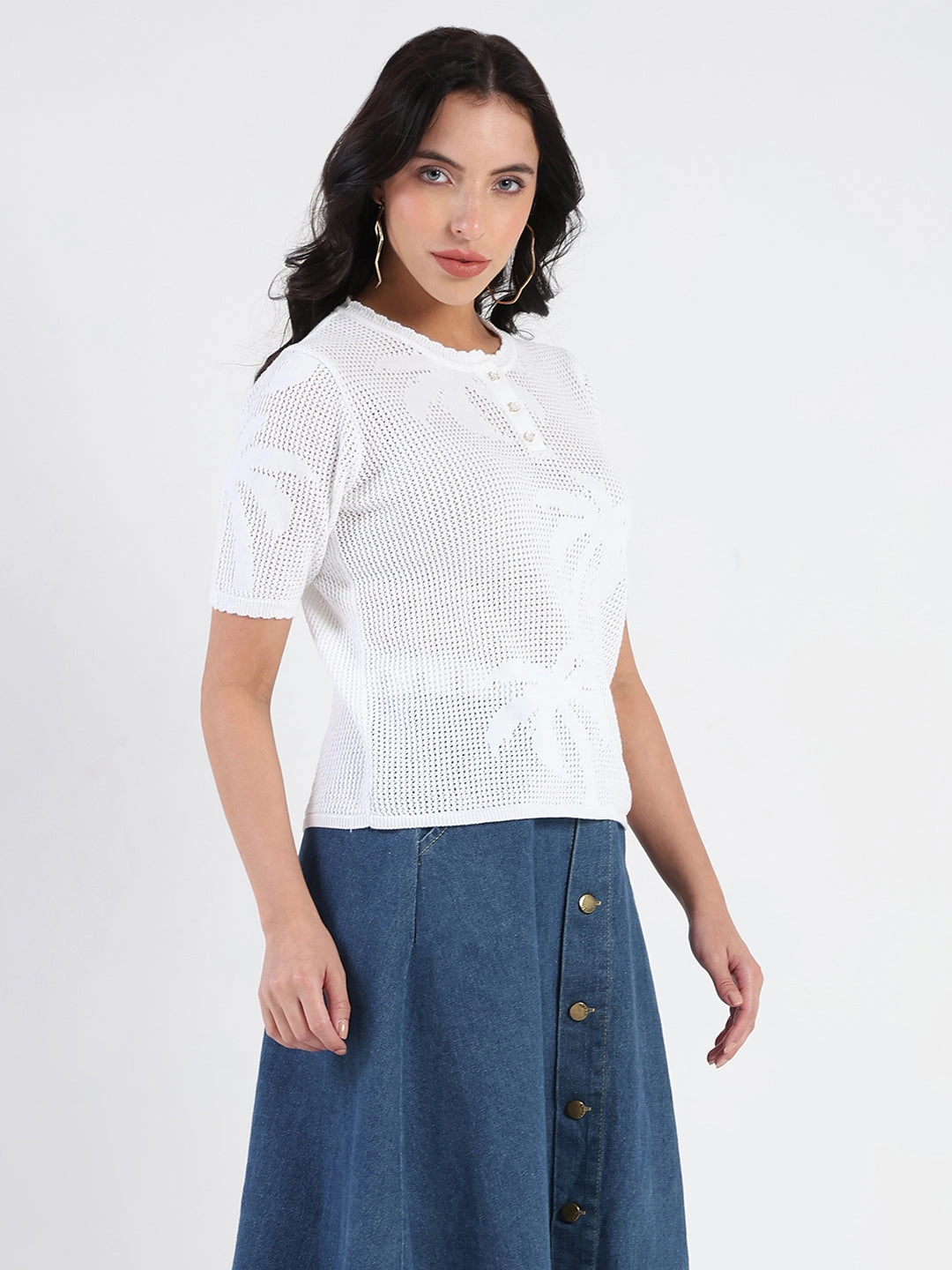 Madame Semi Sheer Botanical Pattern White Knit Top WaterRepellent Finish