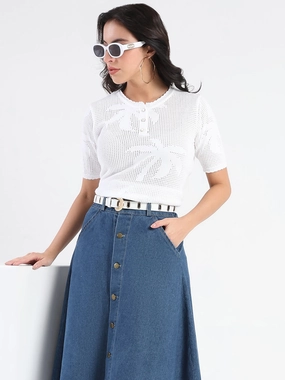 Madame Semi Sheer Botanical Pattern White Knit Top StretchComfort DropShoulder