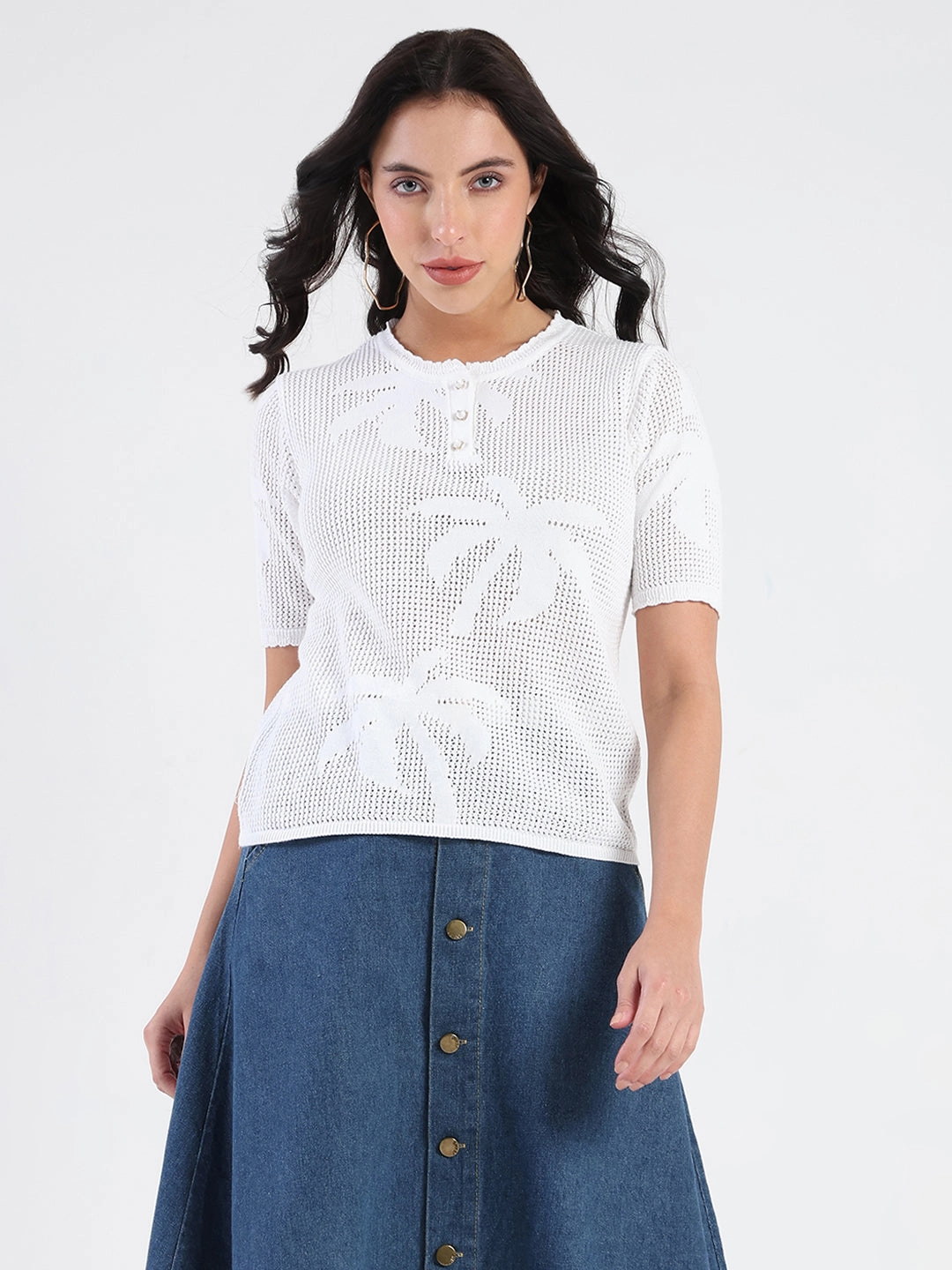 Sustainable Material Blend Hidden Pocket Madame Semi Sheer Botanical Pattern White Knit Top
