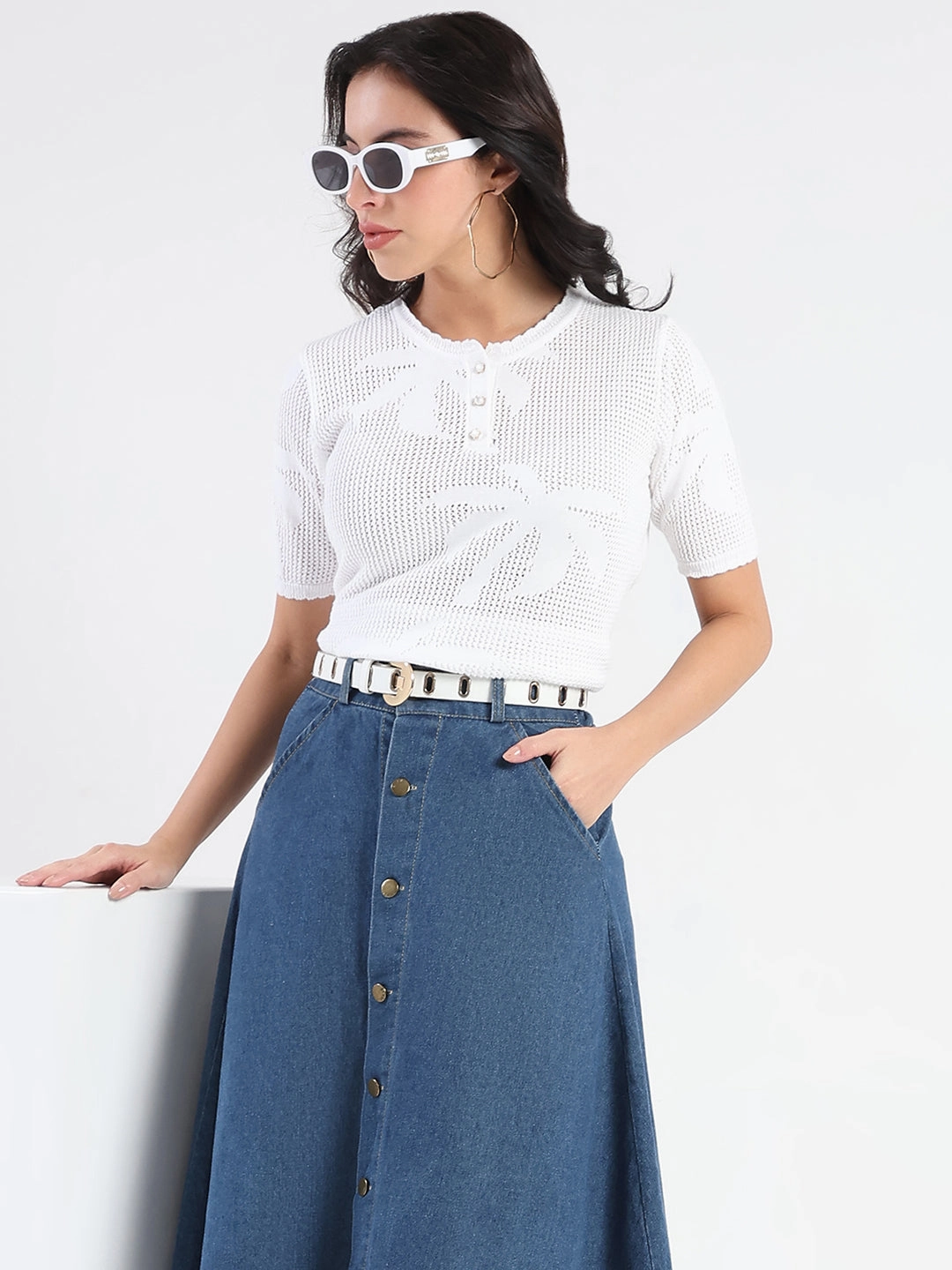 Madame Semi Sheer Botanical Pattern White Knit Top StretchComfort DropShoulder