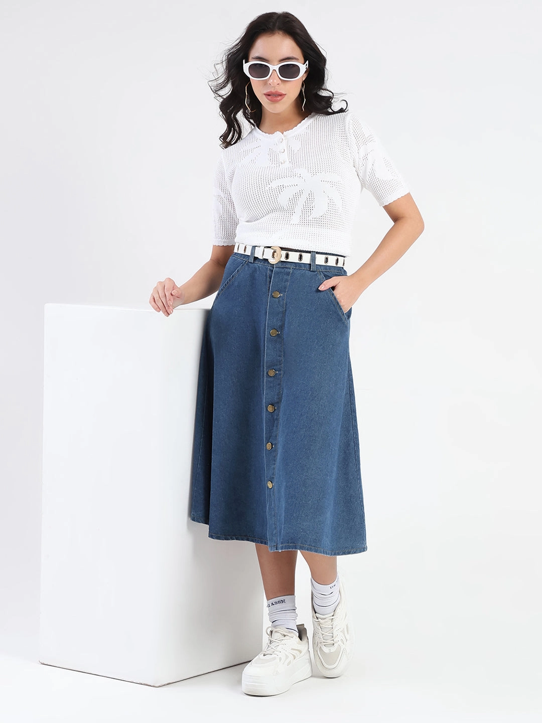 Modern Polo Street Style Madame Semi Sheer Botanical Pattern White Knit Top