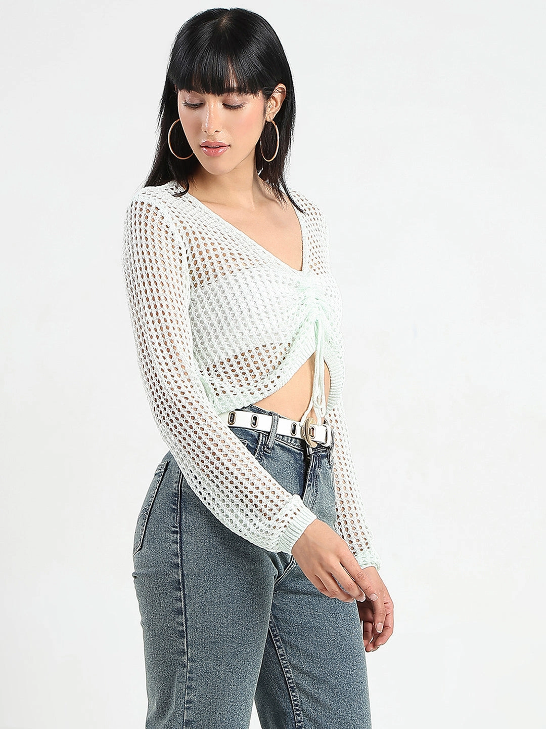 Madame Semi Sheer Drawstring Mint Green Knitted Crop Top Weighted Hem Design