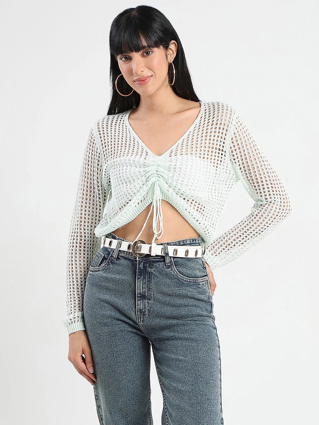 casual top AntiPill Surface Madame Semi Sheer Drawstring Mint Green Knitted Crop Top