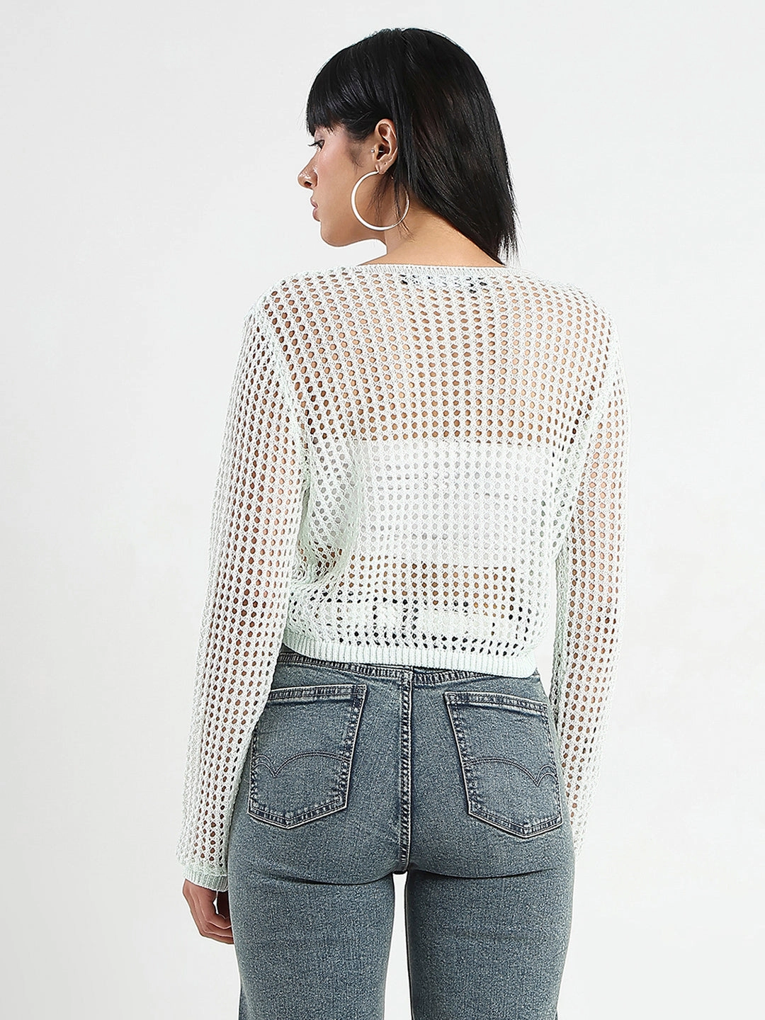 Madame Semi Sheer Drawstring Mint Green Knitted Crop Top SoftBrushed ThermalInsulation