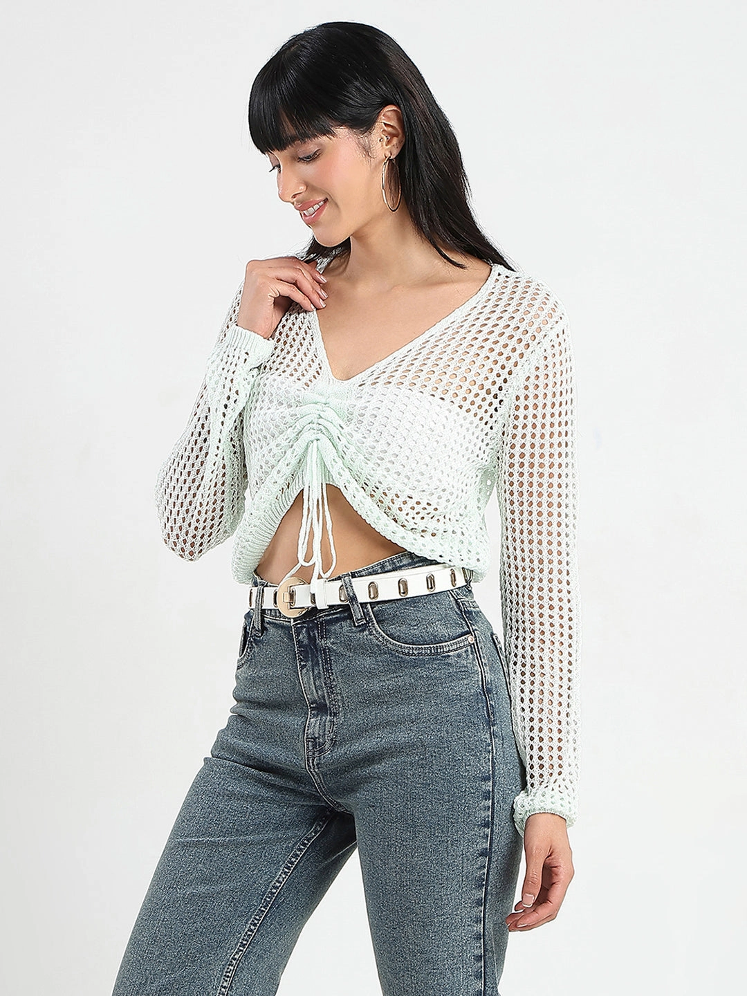 Stylish Tank HeatSealed Seams Madame Semi Sheer Drawstring Mint Green Knitted Crop Top