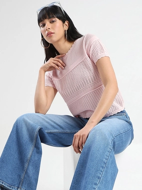 Madame Semi Sheer Knitted Cotton Blend Pink Top Reflective Safety Accents Weighted Hem Trim