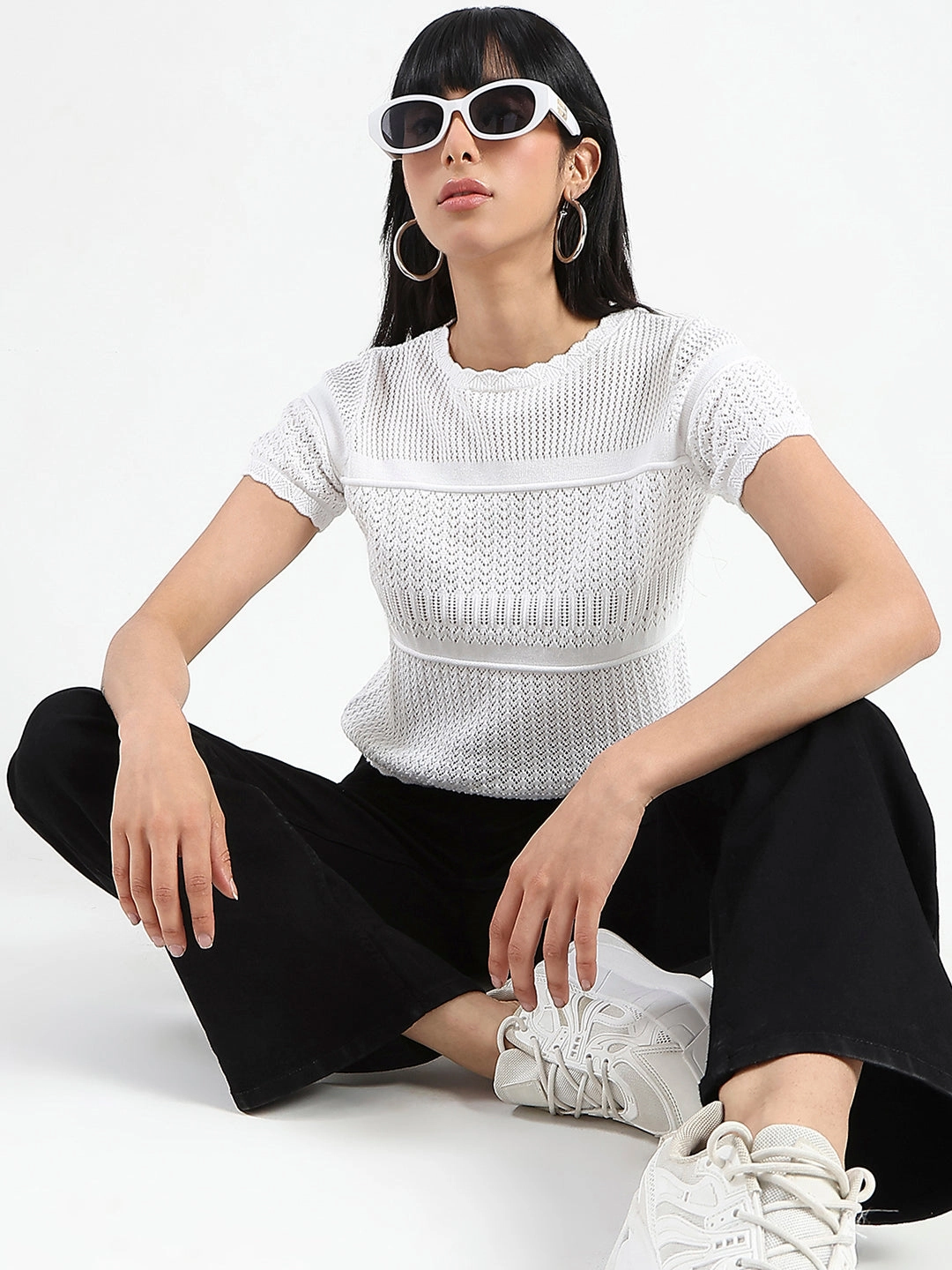 Madame Semi Sheer Knitted Cotton Blend White Top Unstructured Fit