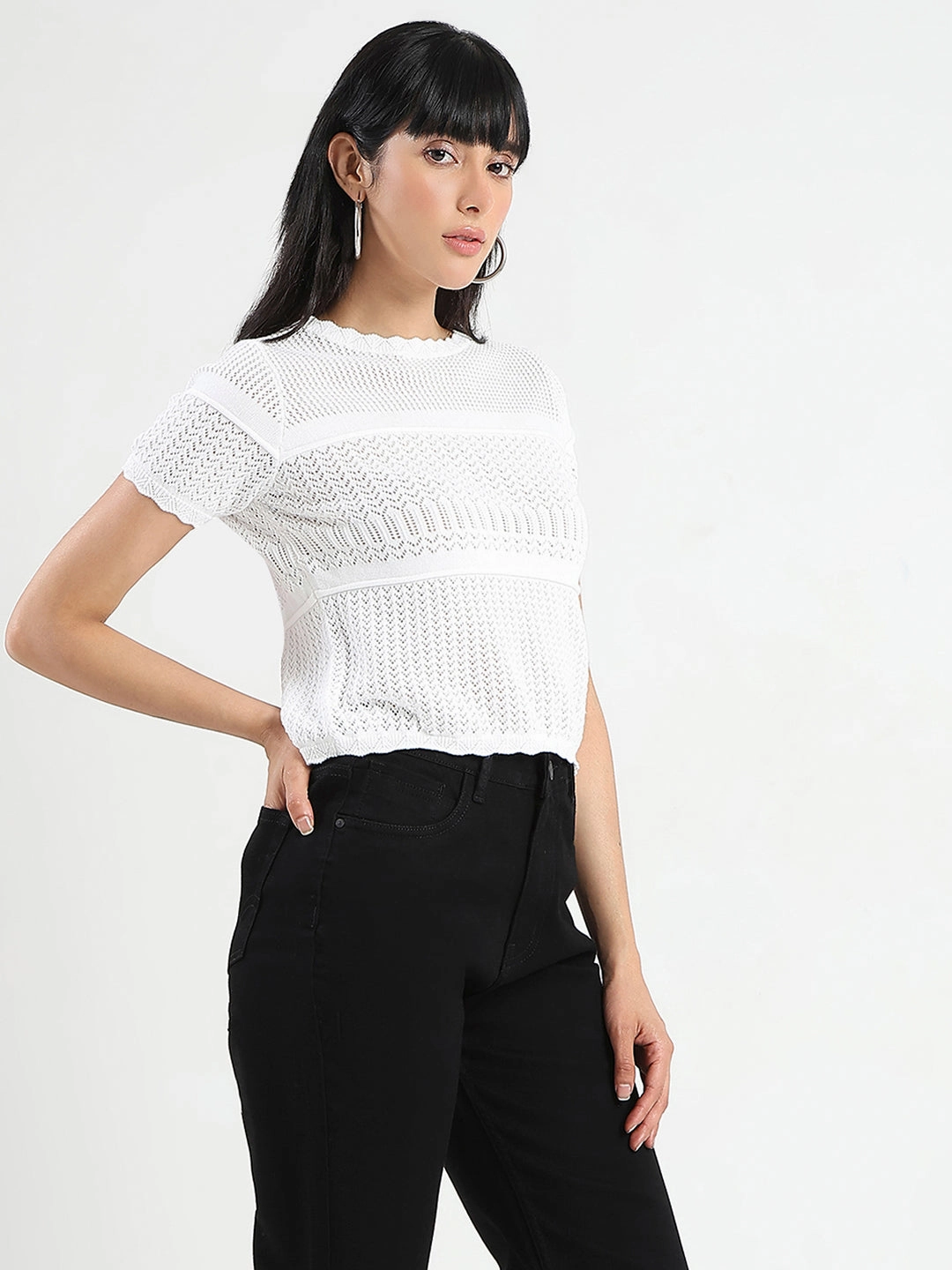 Madame Semi Sheer Knitted Cotton Blend White Top Easycare