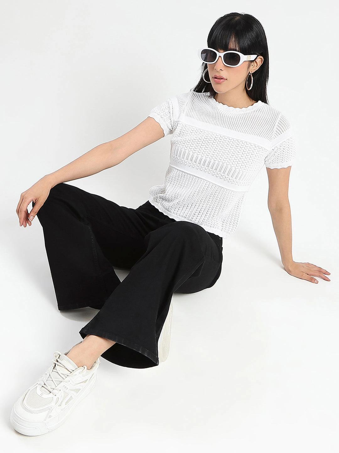 Madame Semi Sheer Knitted Cotton Blend White Top DurableCollarStays