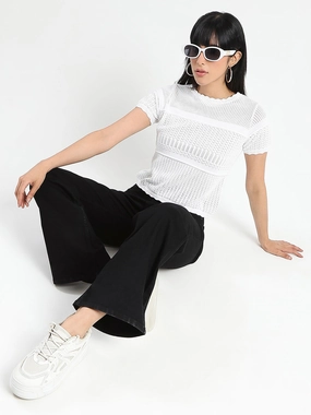 Madame Semi Sheer Knitted Cotton Blend White Top DurableCollarStays