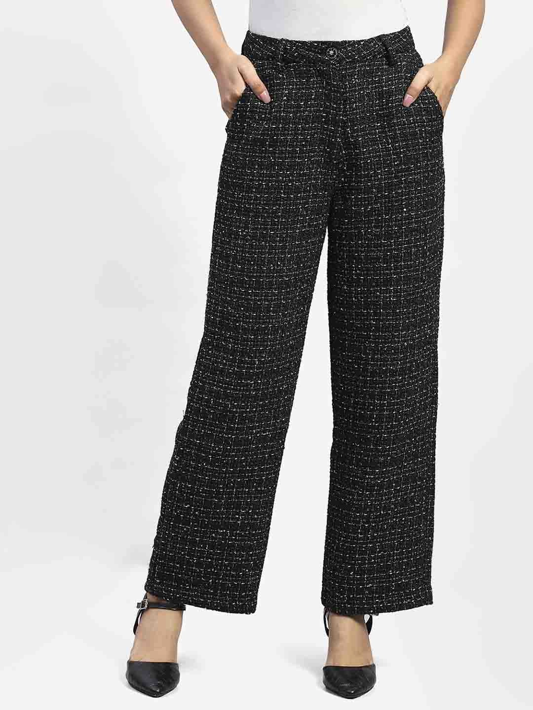 Madame Shanaya Kapoor Black Embellished Button Straight Fit Tweed Trousers Casual Fit