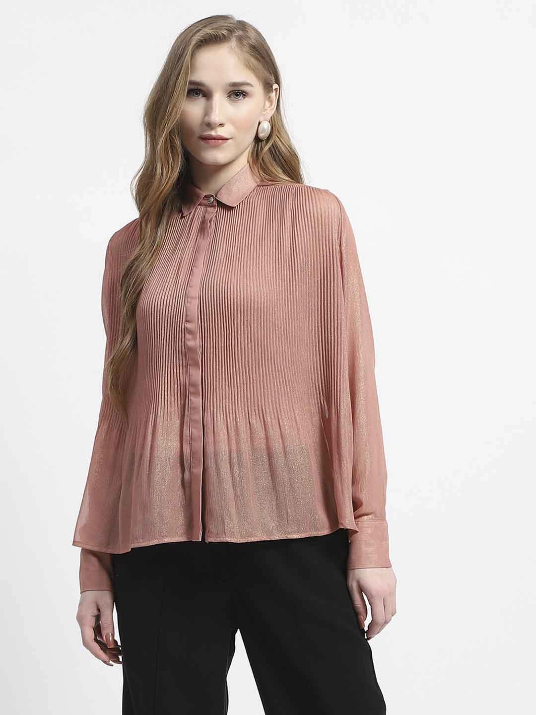 Madame Shimmer Pleated Hem Sheer Peach Shirt Autumn Look