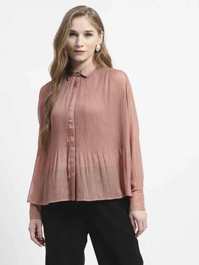 Madame Shimmer Pleated Hem Sheer Peach Shirt Autumn Look