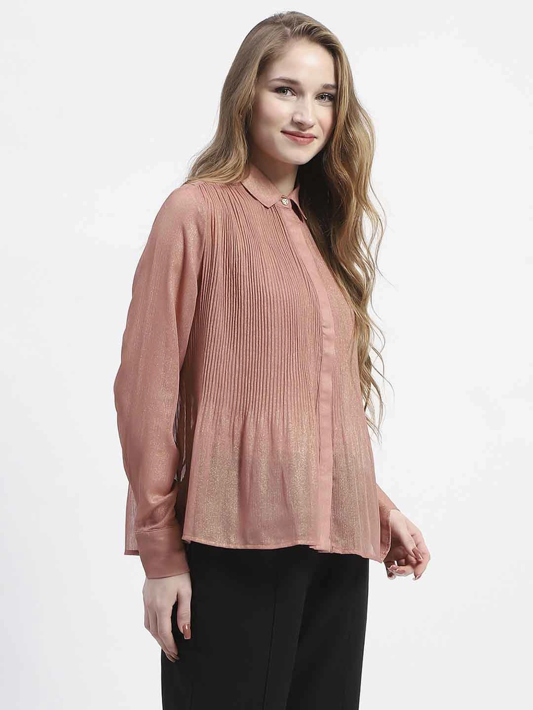 Madame Shimmer Pleated Hem Sheer Peach Shirt Soft Collar Design