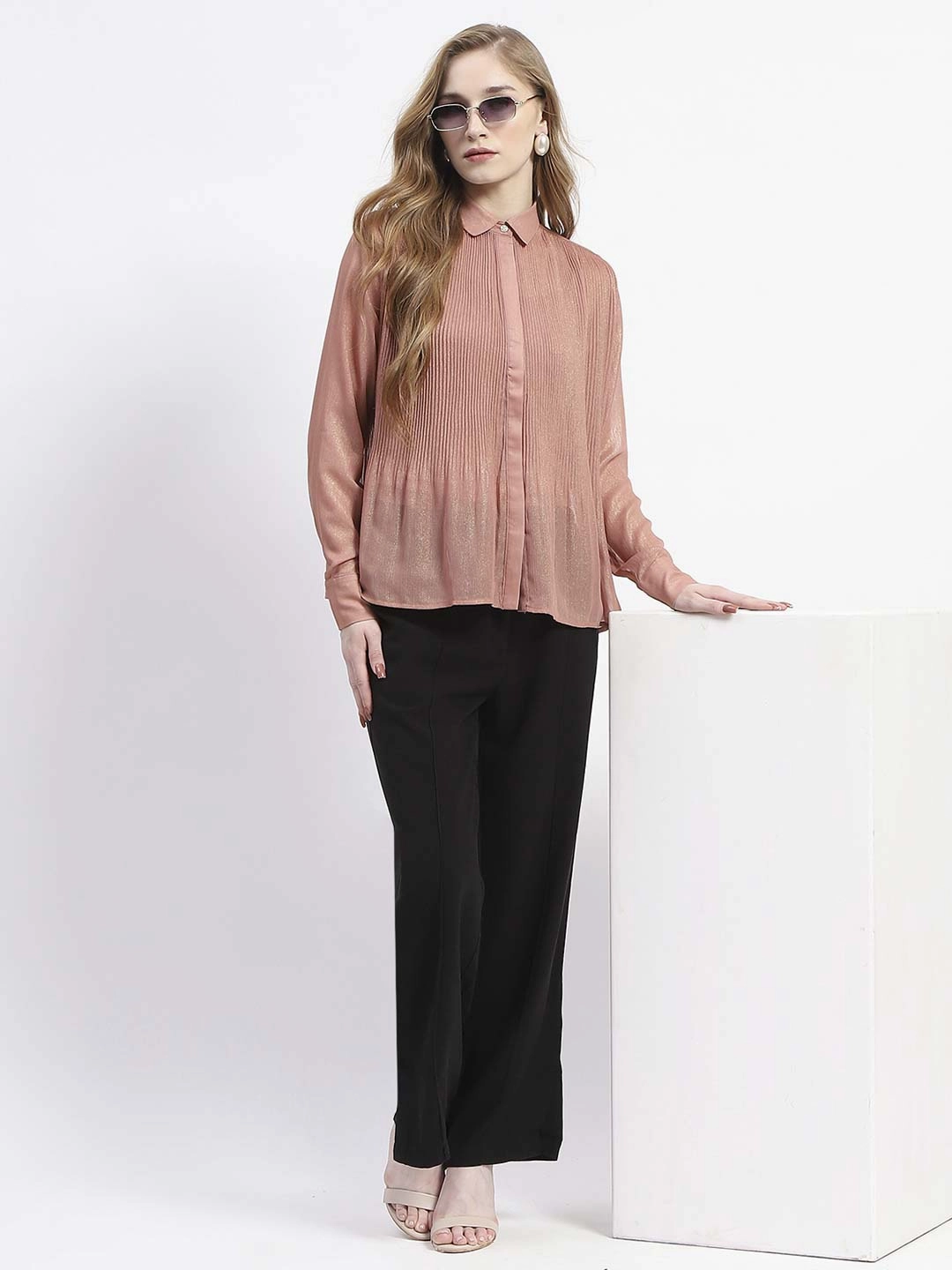 Durable Thread Construction Madame Shimmer Pleated Hem Sheer Peach Shirt