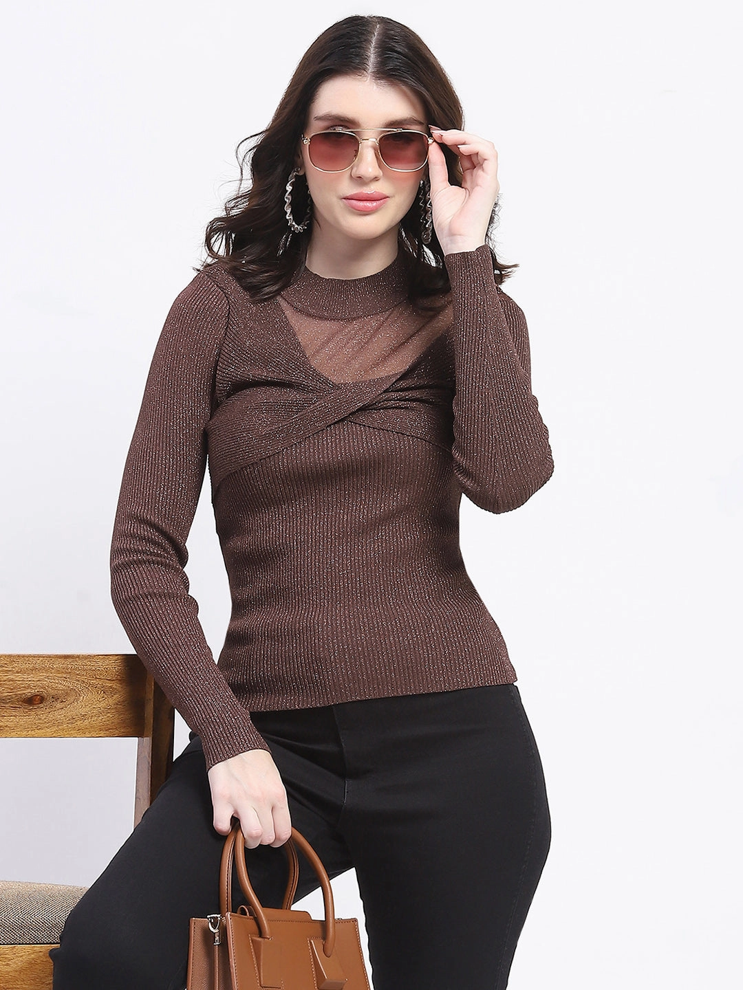 Madame Shimmery Mock Neck Wrap Brown Sweater Fashion staples Warm Knitwear