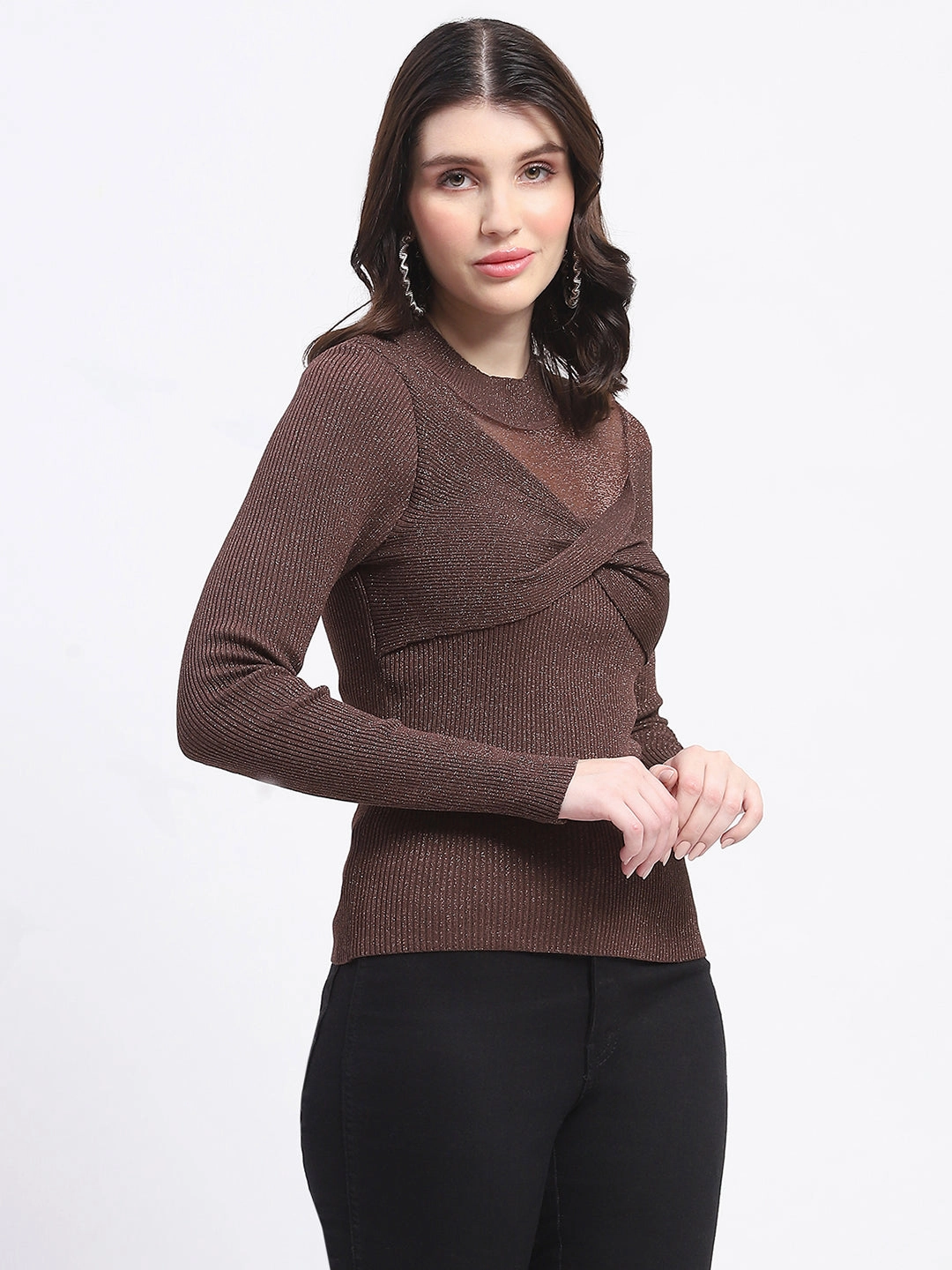 Winter-Ready Fashion Relaxed Knitwear Madame Shimmery Mock Neck Wrap Brown Sweater