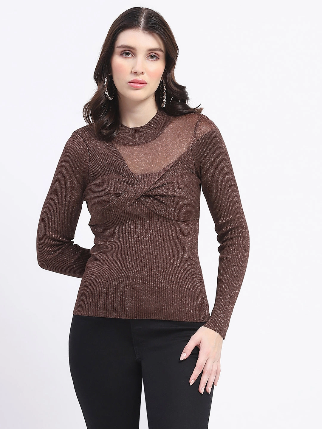 Madame Shimmery Mock Neck Wrap Brown Sweater Performance Wear Plush Inner Lining