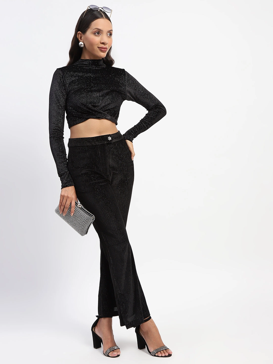 Madame Shimmery Wrap Black High Neck Crop Top Reflective Accent Stripes AntiStatic Treatment