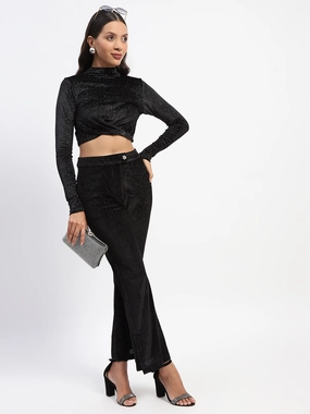Madame Shimmery Wrap Black High Neck Crop Top Reflective Accent Stripes AntiStatic Treatment