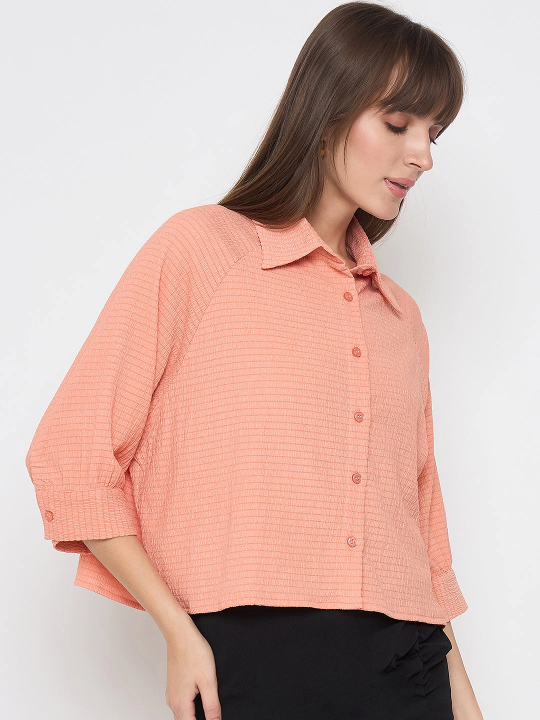 Madame Shirt Collar Buttoned Orange Crop Shirt Sporty Style