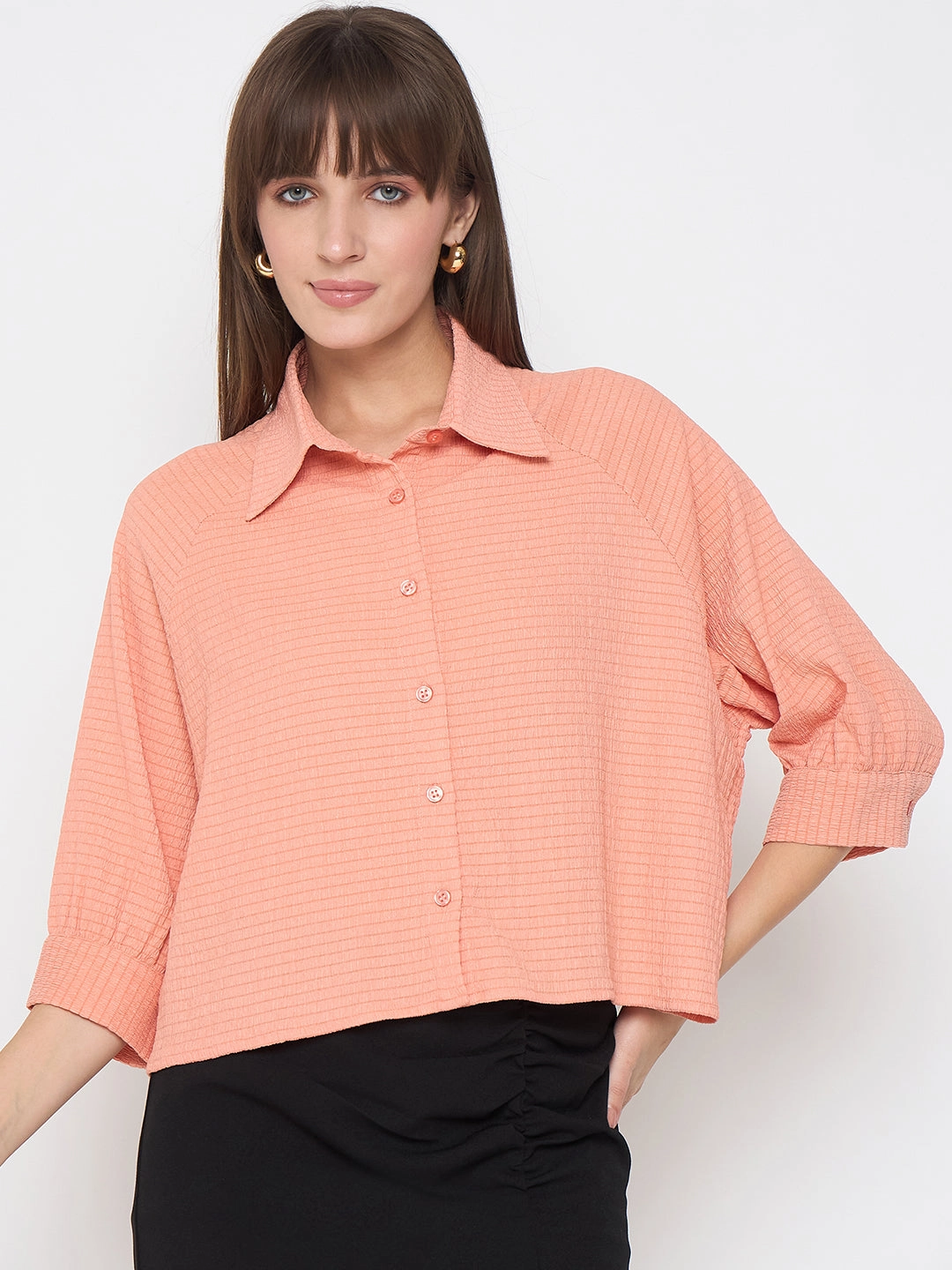 Micro Perforated Texture Versatile Fit Madame Shirt Collar Buttoned Orange Crop Shirt