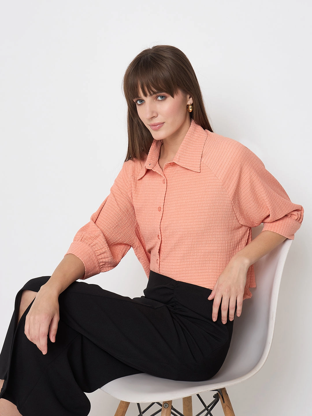 Madame Shirt Collar Buttoned Orange Crop Shirt Trendy Layer