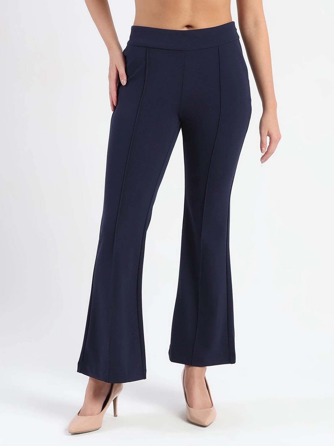 Madame Side Zipper Flared Navy Blue Knitted Moss Trousers Comfortable Waistband