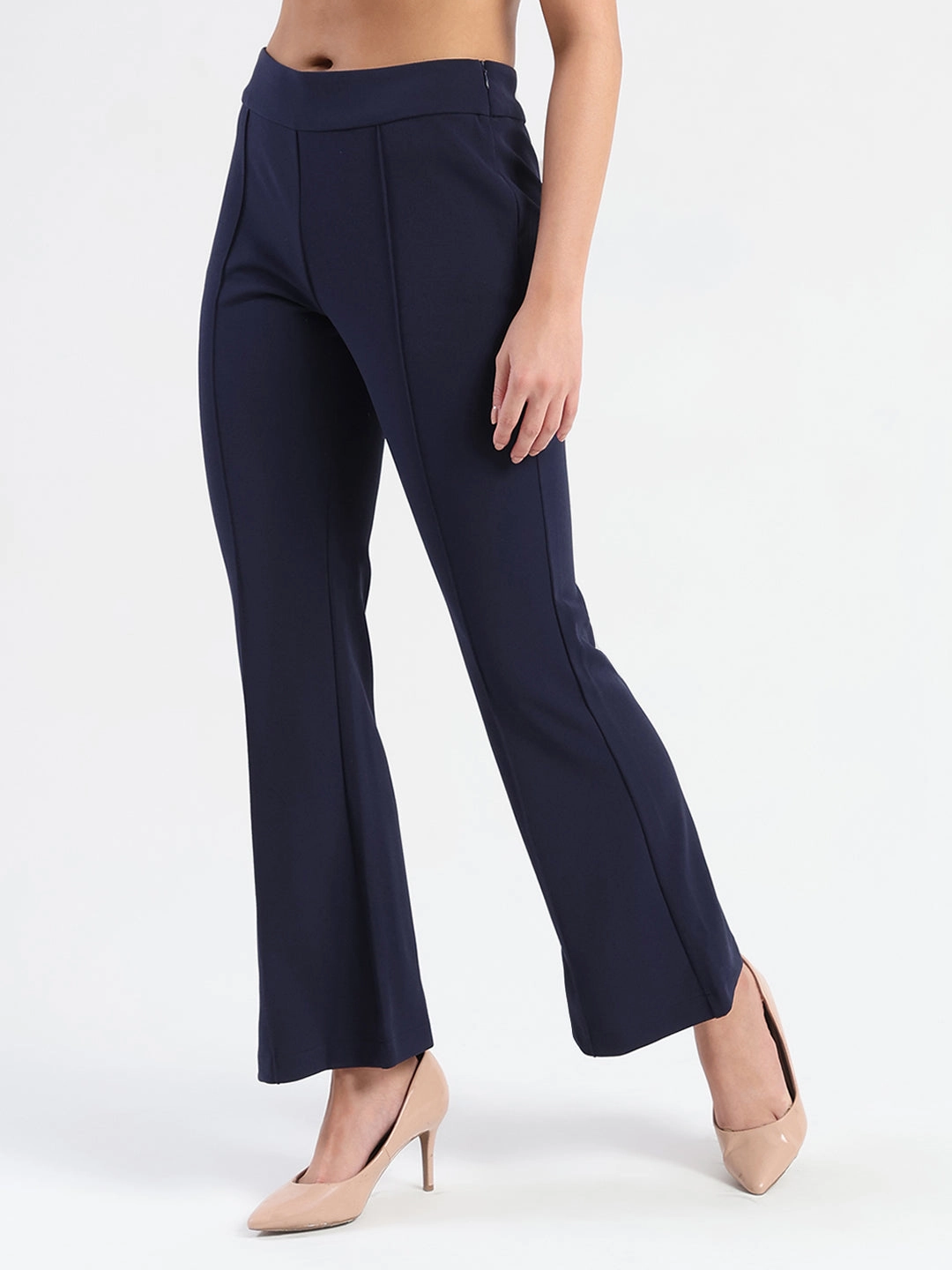Madame Side Zipper Flared Navy Blue Knitted Moss Trousers ThermalInsulation