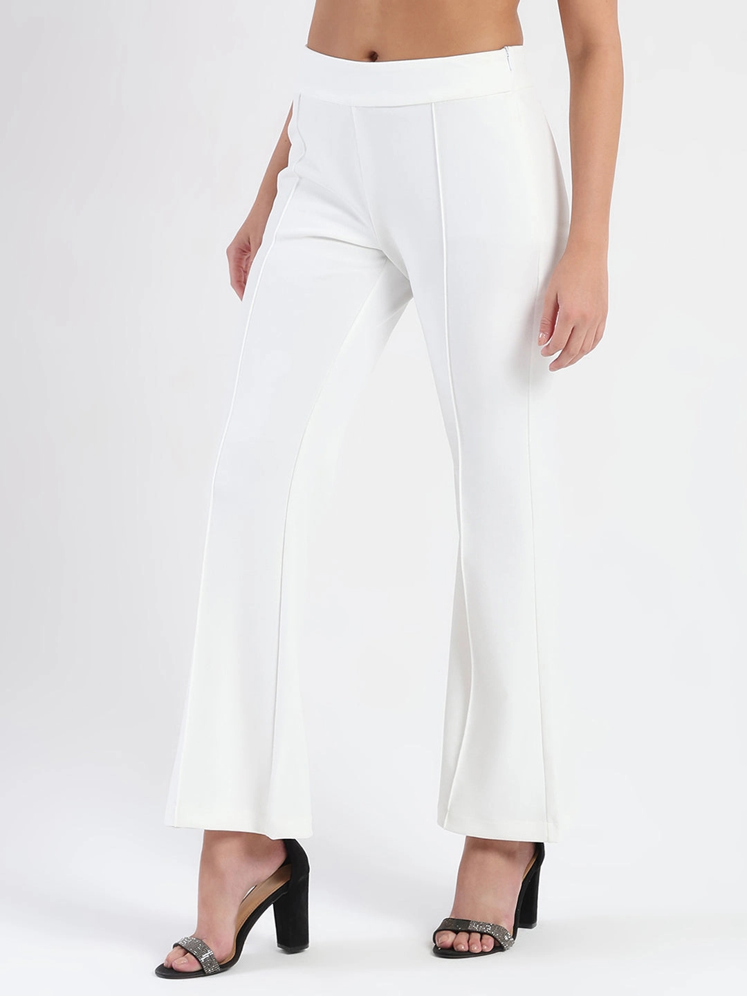 No Ride Fit Slim Shape Madame Side Zipper Flared White Knitted Moss Trousers