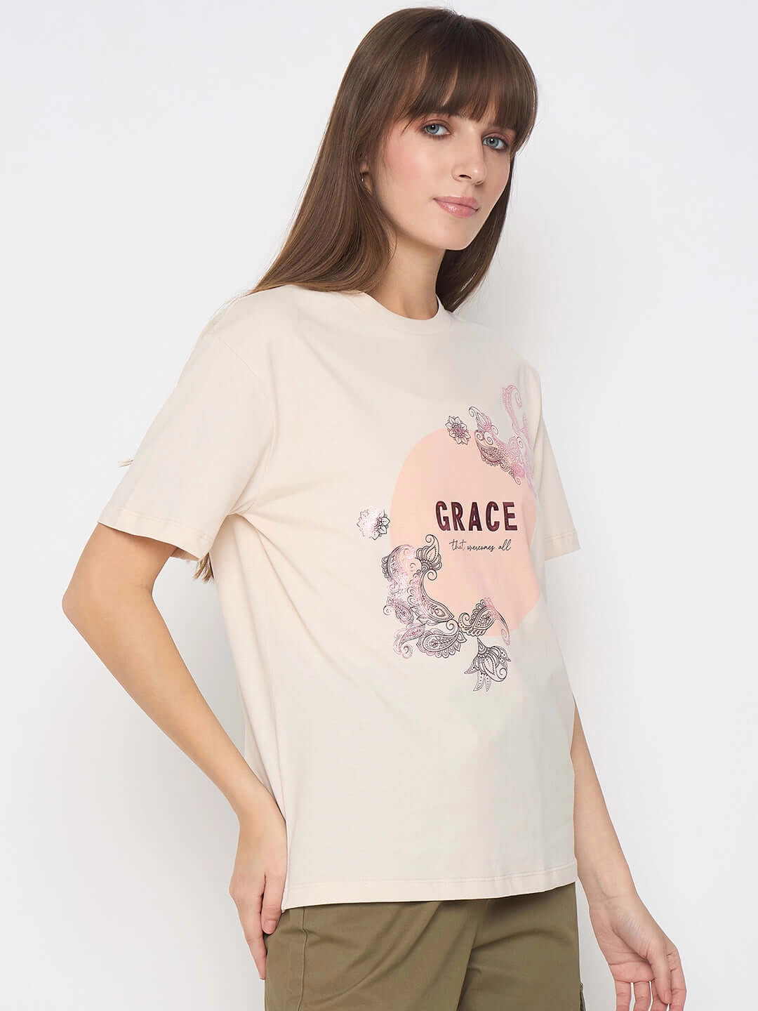 Classic Polo Madame Sinker Graphic Print Foil Detailed Beige Tshirt