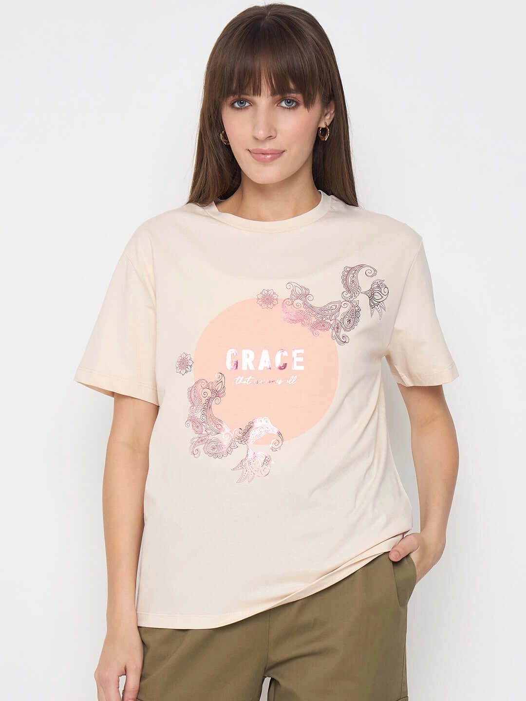 Madame Sinker Graphic Print Foil Detailed Beige Tshirt Cooling Technology FourWayStretchFabric