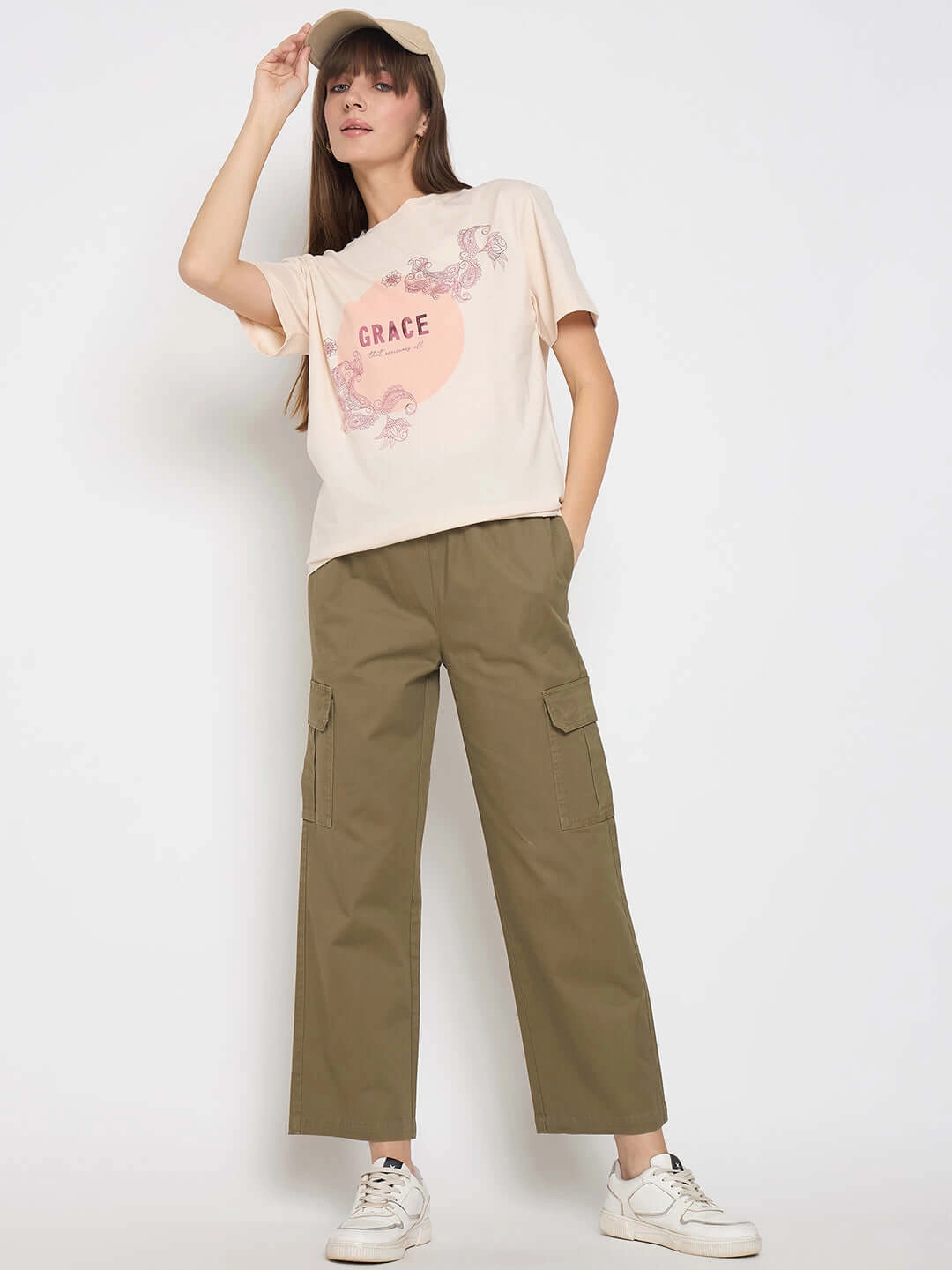 All Weather Performance Fabric Madame Sinker Graphic Print Foil Detailed Beige Tshirt