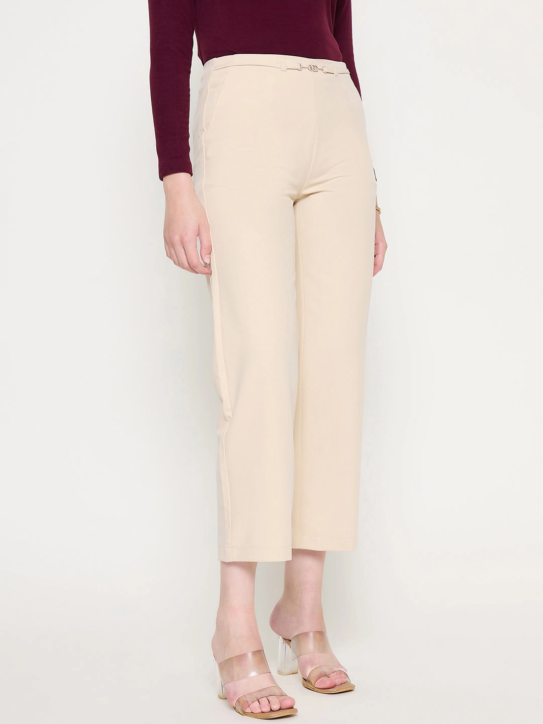 Stylish Comfort Madame Slash Pocketed Straight Fit Belted Solid Ivory Trousers