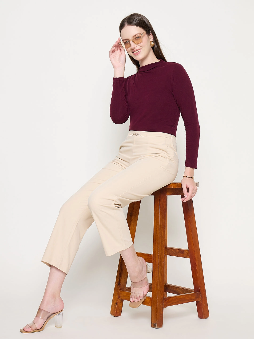 Madame Slash Pocketed Straight Fit Belted Solid Ivory Trousers Movement Comfort