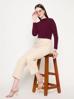 Madame Slash Pocketed Straight Fit Belted Solid Ivory Trousers Movement Comfort