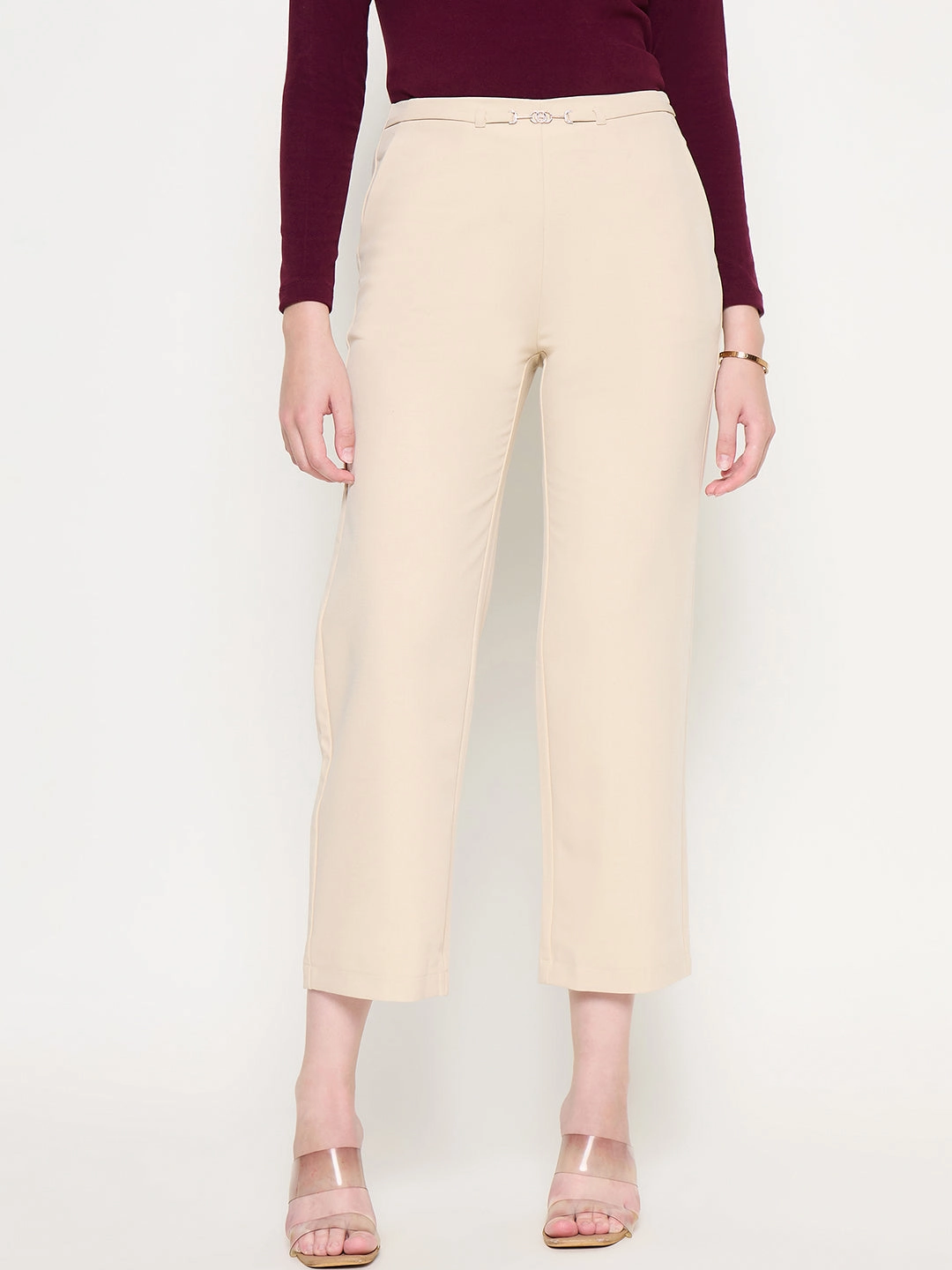 Side Pockets Pull-on style Madame Slash Pocketed Straight Fit Belted Solid Ivory Trousers
